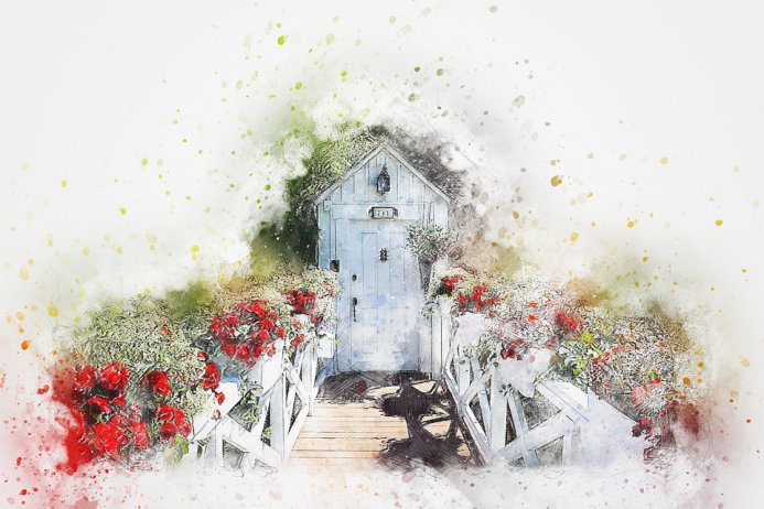 Door Flowers Entry Path Art Abstract Watercolor
